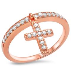 Eternity Rings Accent Dangling Cross Ring Rose Tone, Simulated CZ 925 Sterling Silver